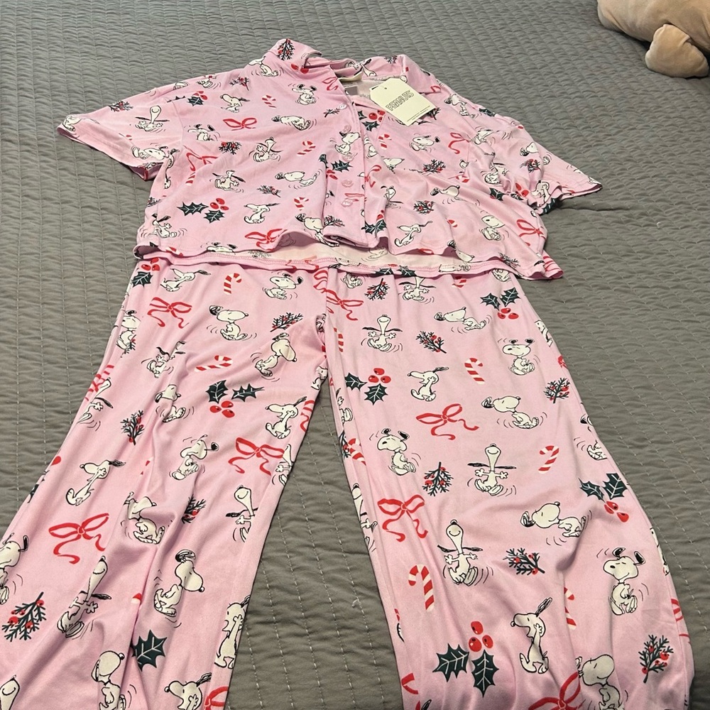 Peanuts Pink Snoopy Holiday Pajama Set with Candy Cane & Holly Print